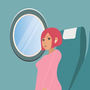 girl travels by plane. The passenger listens to music in wireless headphones. Safe flight concept vector
