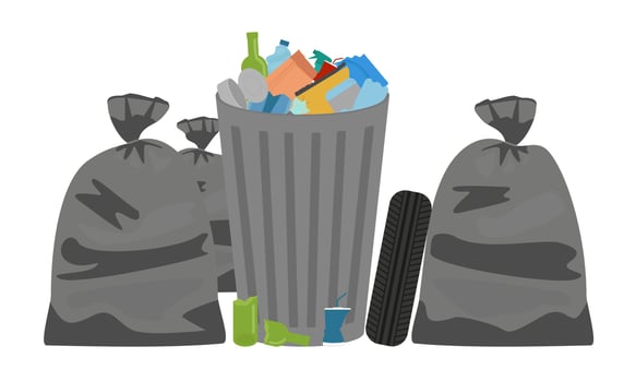 Garbage in a metal tank and in bags around. Unsorted waste. vector