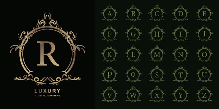 Letter R or collection initial alphabet with luxury ornament floral frame golden logo template. vector