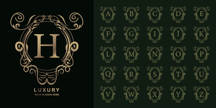 Letter H or collection initial alphabet with luxury ornament floral frame golden logo template. vector