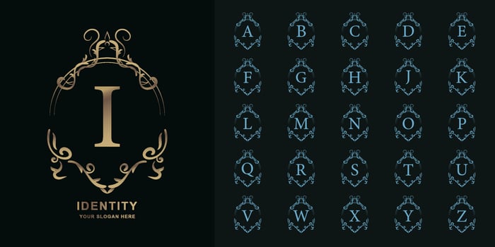 Letter I or collection initial alphabet with luxury ornament floral frame golden logo template. vector