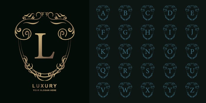 Letter L or collection initial alphabet with luxury ornament floral frame golden logo template. vector