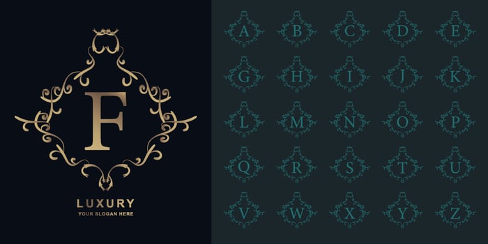 Letter F or collection initial alphabet with luxury ornament floral frame golden logo template. vector