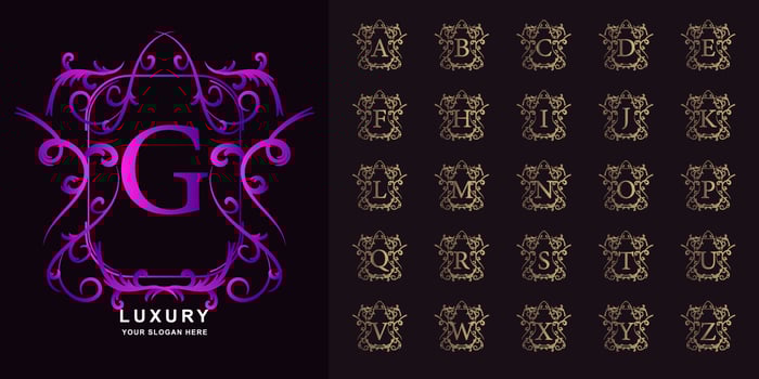 Letter G or collection initial alphabet with luxury ornament floral frame golden logo template. vector