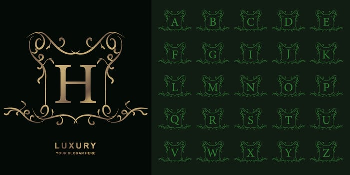 Letter H or collection initial alphabet with luxury ornament floral frame golden logo template. vector