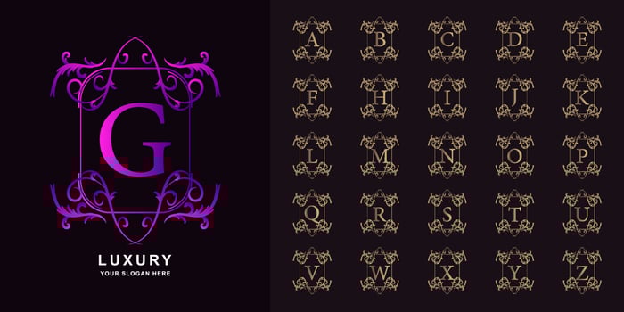 Letter G or collection initial alphabet with luxury ornament floral frame golden logo template. vector