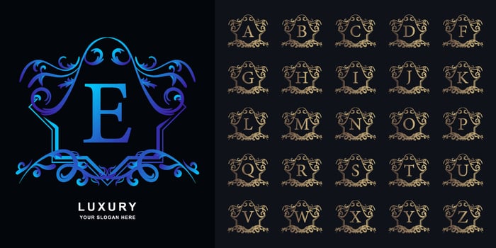Letter E or collection initial alphabet with luxury ornament floral frame golden logo template. vector