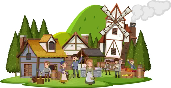 Isolated ancient medieval village and villagers vector