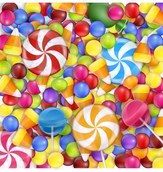Sweets background with lollipop, candy corn and gumballs.vector vector