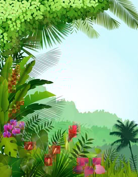 Forest landscape of tropical background with sun-rays. vector