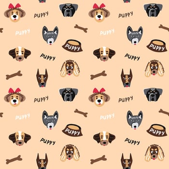 Seamless pattern with funny puppies of different breeds vector