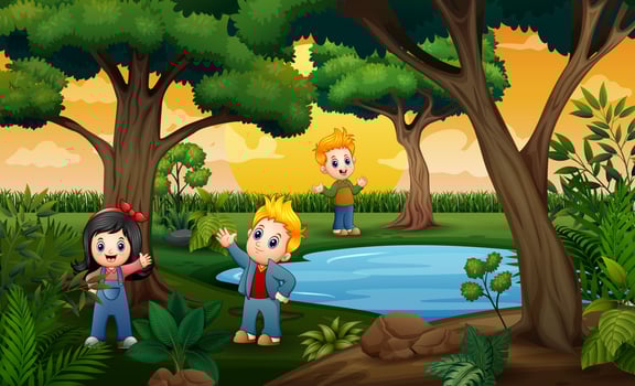 Happy kids playing outdoors at daytime vector