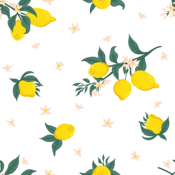 Summer tropical seamless pattern with colorful lemons and flowers.Vector citrus fruits background. Modern exotic floral design for paper, cover, fabric, interior decor and other users. vector
