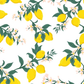 Summer tropical seamless pattern with colorful lemons and flowers.Vector citrus fruits background. Modern exotic floral design for paper, cover, fabric, interior decor and other users. vector