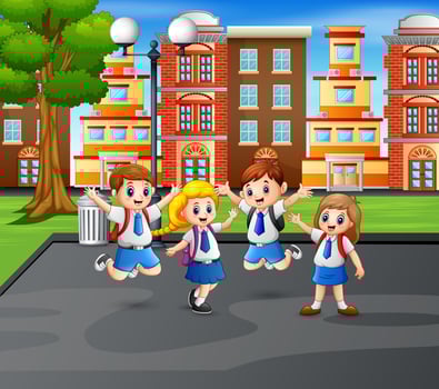 Happy children in uniform at jumping at the park vector