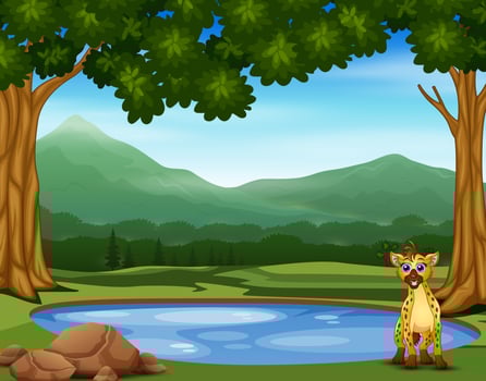 Hyena cartoon on the edge of a small pool vector