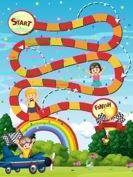 Snake and ladders game template with children characters vector