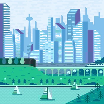 Highrise Buildings With Lake And Park View Concept vector