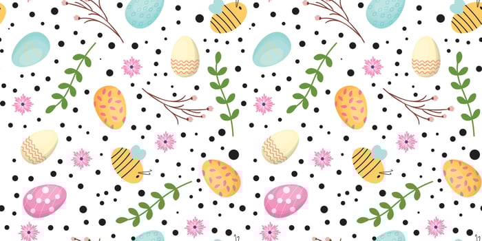 Easter seamless pattern with bees and easter eggs, flowers, dots and leaves. Cute seamless pattern for children textile, wrapping paper, wallpaper, packaging. Vector pattern.