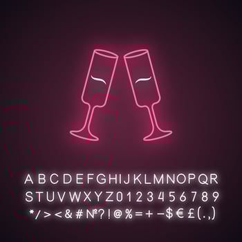 Two clinking champagne glasses pink neon light icon. Glassfuls of alcohol beverage. Wine service. Celebration. Isolated Glowing sign with alphabet, numbers and symbols. Vector isolated illustration