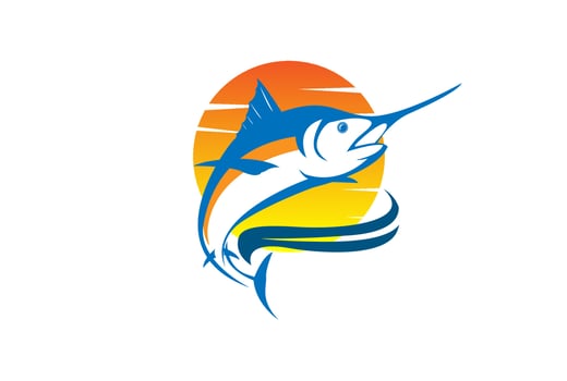 Sunset Sea Ocean with Jumping Tuna Marlin Sword Fish for Fishing Sport Travel Club Logo Design Vector