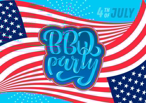 July 4th BBQ Party lettering invitation to American independence day barbeque with July 4th decorations stars, flags, fireworks on blue background. Vector hand drawn illustration.