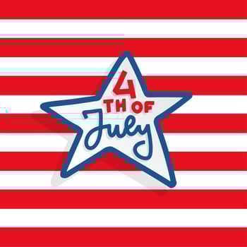 Happy independence day card United States of America, 4 th of July lettering in star shape in striped background. Greeting Card with Font. Hand drawn decoration. Flat style vector illustration.