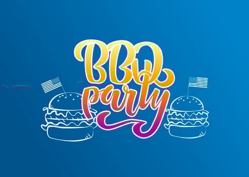 July 4th BBQ Party lettering invitation to American independence day barbeque with decorations burgers and flags on blue background. Vector hand drawn illustration.