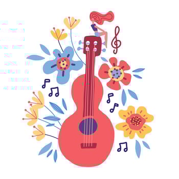 Guitar flat hand drawn vector illustration. Musical instruments store poster design idea. Cartoon guitar with flowers, notes, leaves isolated on white background. Rock band performance,banner template