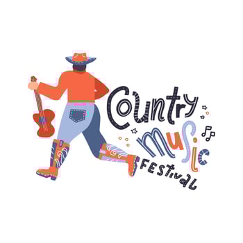 Back view of young country style singer with guitar. Modern man character in cowboy hat. Concept or print for festival banner. Vector flat hand drawn doodle illustration.