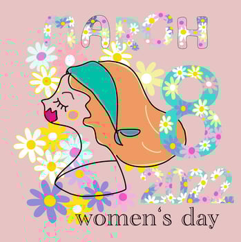 happy women's day card woman cartoon in spring flowers background and flowers alphabets 8 March 2022 hand drawn drawing cartoon vector