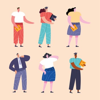 six young students characters vector