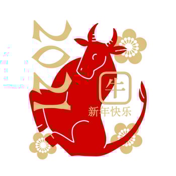 Happy Chinese New Year 2021 - hieroglyphs translation. Year of the ox. Red bull silhouette. Chinese Zodiac sign. Greeting card on white backdrop with place for text. Square collage banner. Vector Flat
