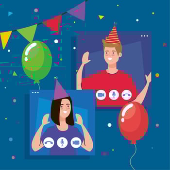 women and men with party hats on smartphones vector design