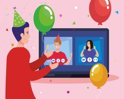 woman and man with party hat at laptop and boy vector design