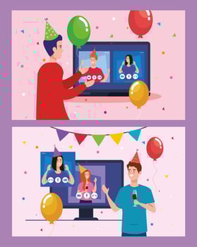 women and men with party hats and balloons in video conference vector design