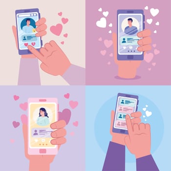 hands holding smartphones with woman and men chatting vector design
