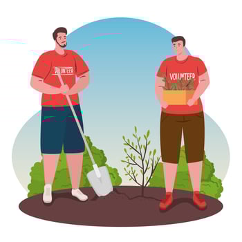volunteers men with shovel planting vector design