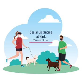 Social distancing between man and woman with masks running with dogs at park vector design