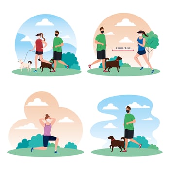 Social distancing between men and women with masks at park vector design