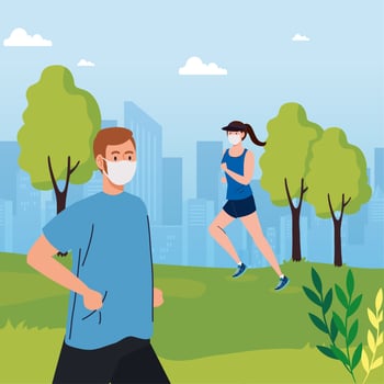 Social distancing between man and woman with masks running at park vector design