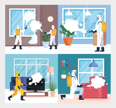 set scenes, home disinfection by commercial disinfecting service, disinfection workers with protective suit and spray prevent covid 19 vector