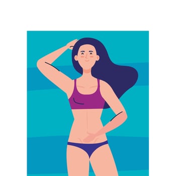 view aerial, woman using swimsuit lying down, tanning on towel, summer vacation season vector