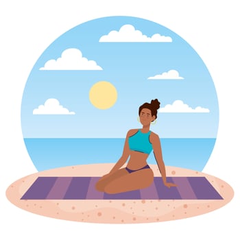 woman afro with swimsuit sitting on the towel, in the beach, holiday vacation season vector