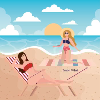 social distancing on the beach, women keep distance two meters or six feet, new normal summer beach concept after coronavirus or covid 19 vector