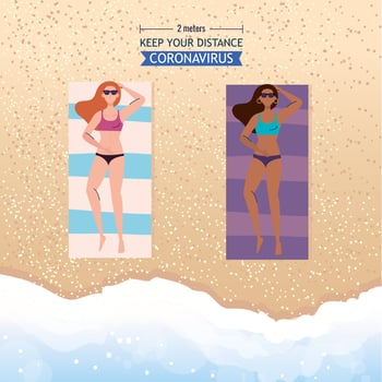 social distancing on the beach, women keep distance lying down tanning, new normal summer beach concept after coronavirus or covid 19 vector