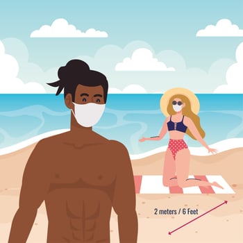 social distancing on the beach, couple wearing medical mask, new normal summer beach concept after coronavirus or covid 19 vector
