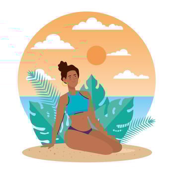woman afro with swimsuit sitting in the beach, holiday vacation season vector