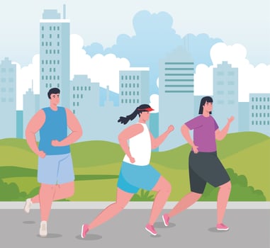 people running outdoor, young people in sportswear jogging in park vector