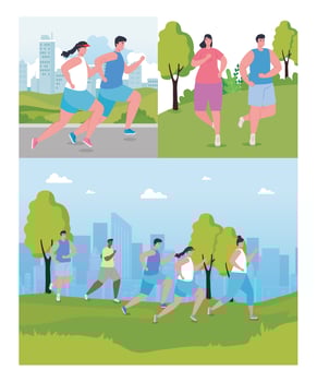 set scenes, people running outdoor, young people in sportswear jogging in park vector